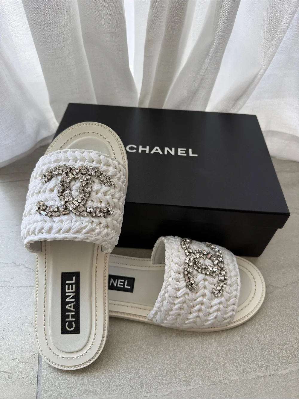 CHANEL White Braided Crystal CC Slide Sandals